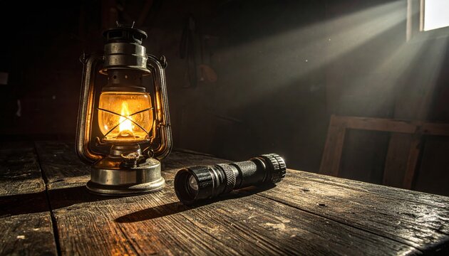 A traditional oil lantern with a burning flame and a modern tactical flashlight rest side by side on a rustic wooden table, contrasting old and new forms of illumination.