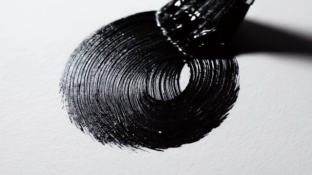 A paintbrush deposits thick, black paint onto a textured, white surface, creating a circular shape