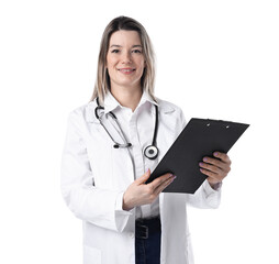 Portrait of smiling doctor in medical coat with stethoscope and clipboard on white background