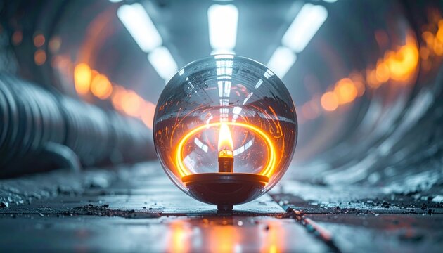 Glowing energy orb with warm orange light and flame contained within a futuristic sphere
