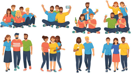 Fototapeta premium Happy Friends and Couples Vector Set with Diverse People Hugging, Group Selfie, Friendship Moments, Multicultural Relationships, and Social Lifestyle Illustrations