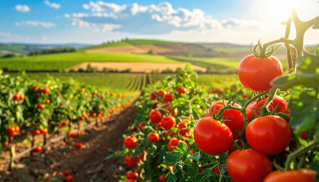 Verdant rows of ripe red tomatoes cascading over lush green vines, bathed in bright mid-day sun across a thriving agricultural landscape.