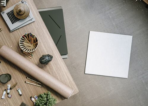Square Canvas Mockup in Industrial Loft Art Studio, Scandinavian Interior, 3D Render