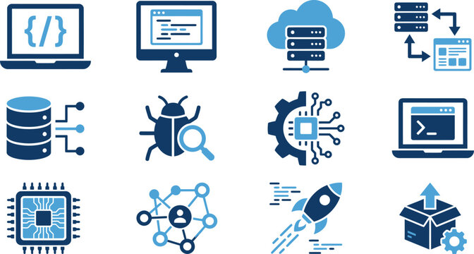 Modern technology icons illustrating software development, data management, cloud computing, networking, and digital innovation.