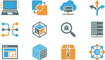Fototapeta premium Modern, diverse flat icons illustrate essential digital technology, data management, and network infrastructure concepts.