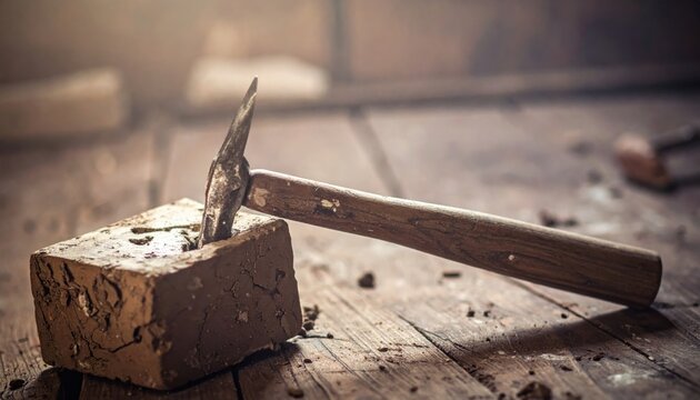 A heavy, rustic pickaxe with a wooden handle struck into a weathered brick, resting on a rough, dusty wooden workbench in a dimly lit workshop environment.