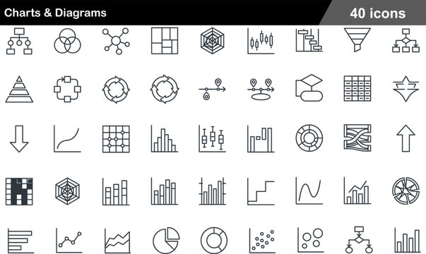 40 Charts and Diagrams Icons Minimalist Line Art for Data Visualization and Analytics