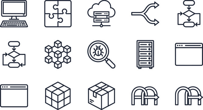 A comprehensive collection of technology and programming outline icons for web and application design.
