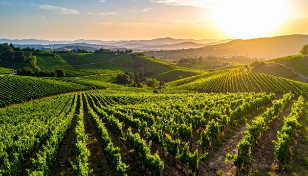 Breathtaking aerial view of a sprawling vineyard featuring neat rows of lush grapevines cascading over rolling hills bathed in the warm glow of a golden sunset.