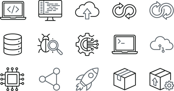 Collection of fifteen modern thin line icons representing software development and technology processes.