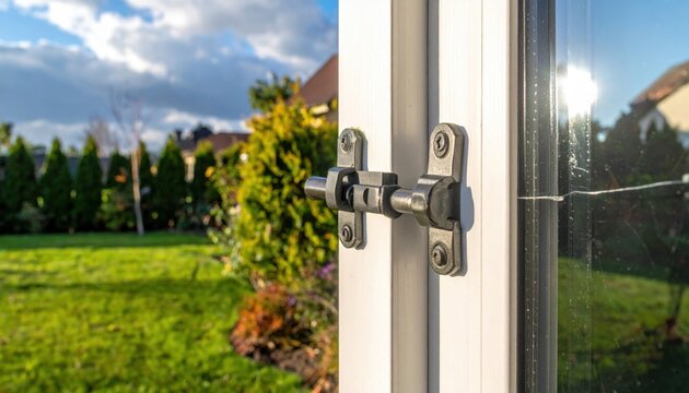 Robust metal bolt latch mechanism installed on a white reinforced window frame, providing enhanced security against a sunny outdoor garden backdrop.