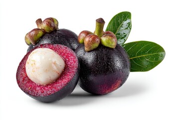 Fresh Mangosteen Fruit with Green Leaves Isolated on White Background.