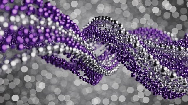 A purple and silver beaded design against a gray background with white dots