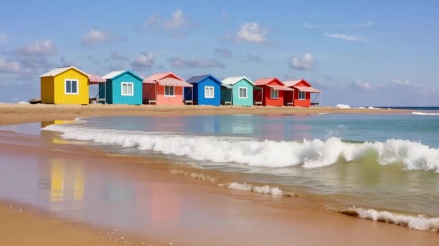 A serene beach scene featuring a row of brightly colored beach huts on the shore, with gentle waves lapping at the sand