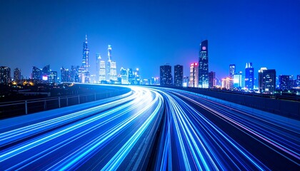 夜景 光跡 都市 速度 脈動 幹線 紺碧 摩天楼 デジタル 循環 流動 質感 陰影 境界 静謐 未来 ネットワーク 律動 均衡 永遠