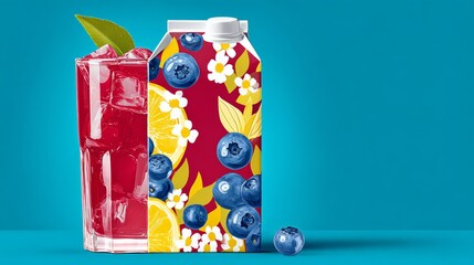 Fototapeta premium Colorful fruit juice carton with floral design next to a glass of red beverage filled with ice cubes and garnished with a green leaf on a bright blue background