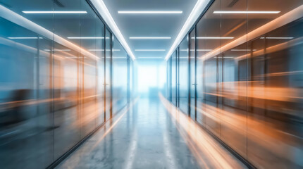 Fototapeta premium Modern office corridor with glass walls and motion blur effect representing fast business growth