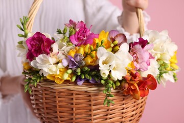 Woman with beautiful freesia flowers in basket on pink background, closeup