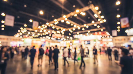 Obraz premium Blurred crowd of people walking in a large exhibition hall with bright ceiling lights and bokeh effect
