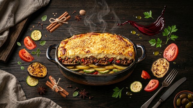 A steaming, freshly baked traditional Greek moussaka served in a ceramic dish, surrounded by scattered fresh vegetables, spices, and cooking herbs on a rustic dark wooden surface.