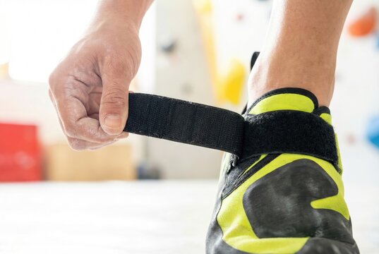 Climber hands fastening hook and loop strap on climbing shoe at indoor bouldering gym