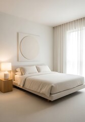 Fototapeta premium Serene bedroom scene with minimalist decor and soft, natural light, relaxation