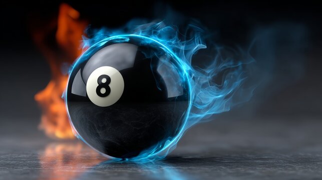 Black eight ball with the number 8 surrounded by blue and orange flames on a reflective surface, creating a dynamic visual effect of fire and smoke