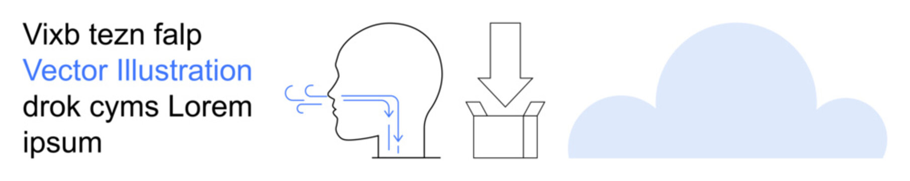 Health processes, cloud storage, digital workflows, information transfer, air circulation, packaging logistics. Human head with airflow, box with arrow cloud symbol. Health processes and cloud