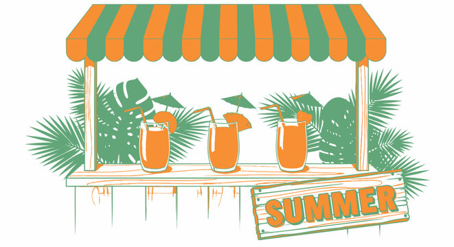 Vector illustration of summer drink stand with 3 cocktails