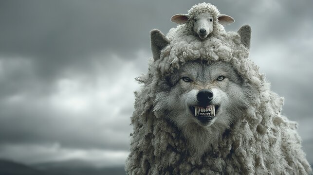 Metaphorical illustration of a snarling wolf wearing a sheeps wool pelt