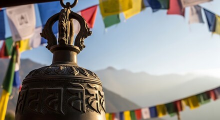 Bronze bell with engraved text, colorful prayer flags, and mountain backdrop in sunlight