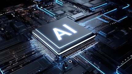 Advanced Glowing GPU Chip with AI Letters . Next-generation Artificial Intelligence Acceleration Card for Powering High-Performance Computing inside Data Centers and Supercomputers