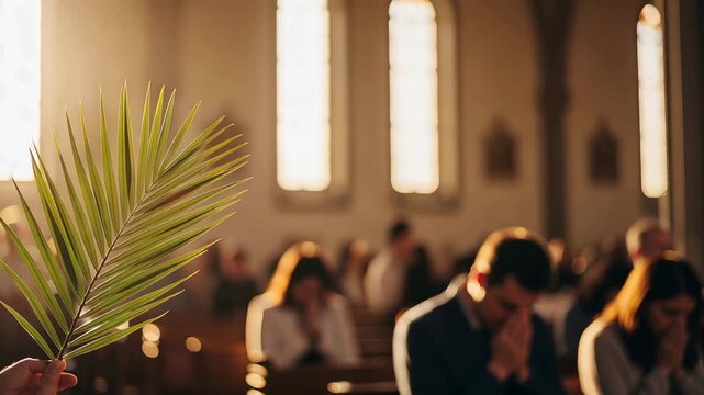Palm Sunday branch held by woman in a church with praying people. Religious celebration of Jesus entry into Jerusalem. Christian holiday tradition for worship and holy week service.