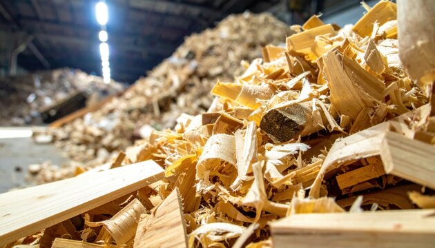 A substantial heap of assorted natural wood offcuts and scraps, featuring a variety of shapes and sizes, ideal for timber industry processing or sustainable recycling.