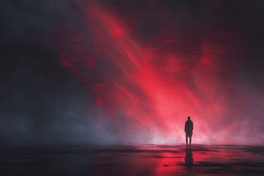 Silhouette of a Person Standing in Front of a Digital World Map