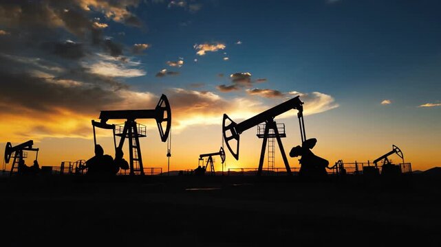 Oil Pumpjacks Silhouetted Against a Dramatic Sunset Sky.