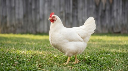 Isolated, beautiful, well-fed white chicken in a relaxed pose, domestic animal in full view