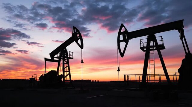 Oil Pumpjacks Silhouetted Against a Dramatic Sunset Sky.