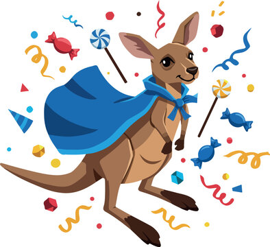 Kangaroo Hero with Blue Cape and Candy Confetti Party Celebration Vector Art