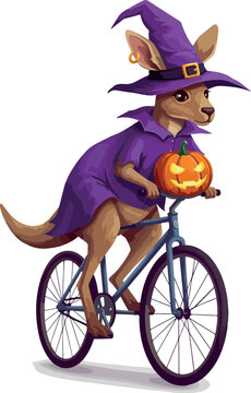 Kangaroo Witch Costume Rides Bicycle With Pumpkin Outfit Purple