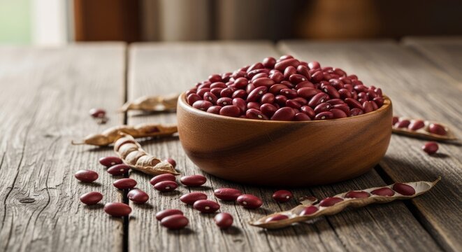 Red beans with smooth glossy texture, nutritious legume ingredient rich in plant protein used for soups, desserts, and healthy meals.