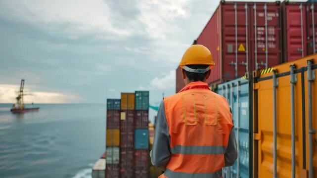 Dock worker supervising container ship at sea