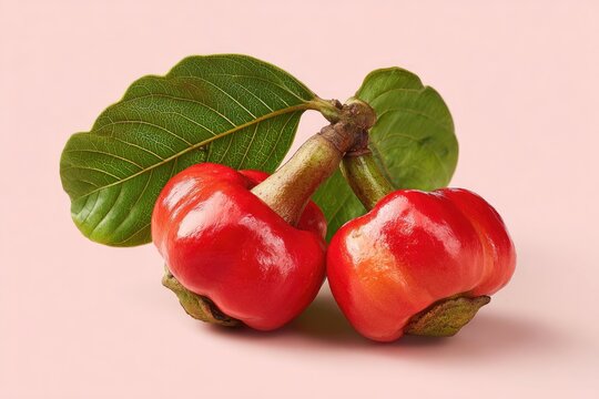 Vibrant Red Diospyros Blancoi Fruits with Green Leaves on a Light Pink Background.