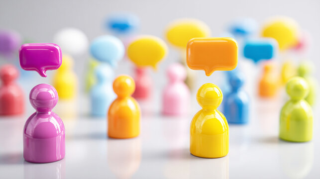 吹き出し付きの人形で表現された多様な意見や対話
