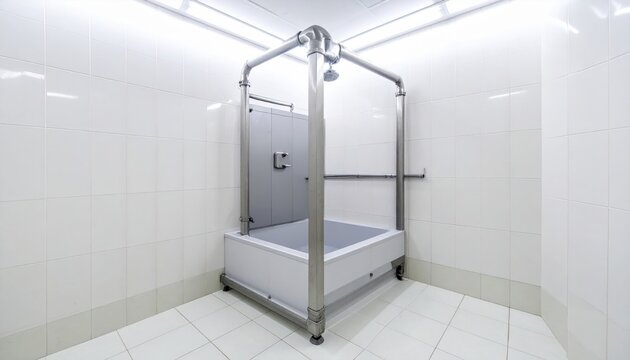 Robust industrial decontamination shower unit with metal piping and integrated floor basin in a bright, white-tiled clean room environment.