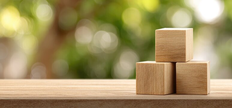 Three Wooden Blocks Stacked on a Table with Green Bokeh Background.