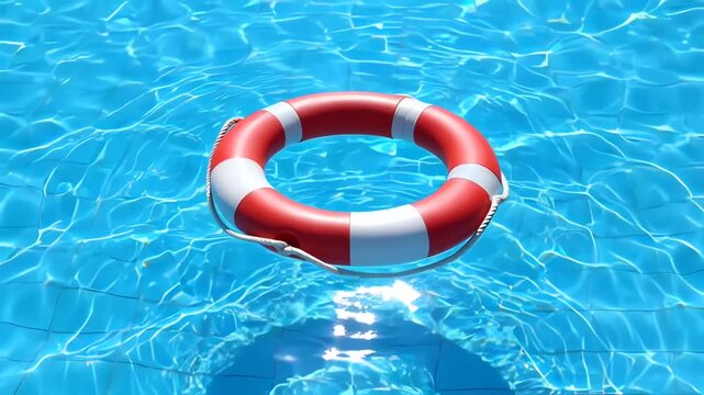 Red and White Lifebuoy Floating in Blue Swimming Pool Water