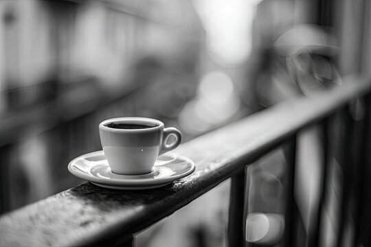 Black and white close up of a small cup of coffee on a railing outdoors.