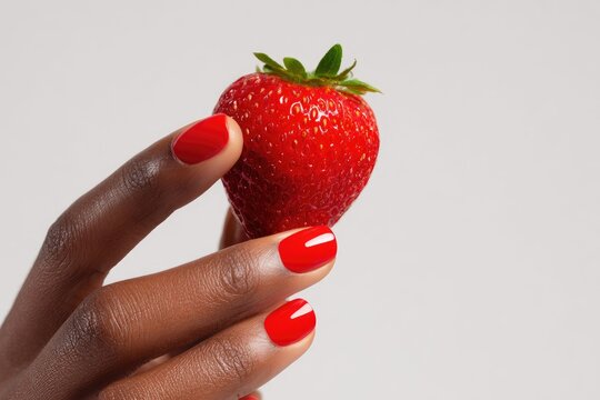 Close-up of a hand with red nail polish holding a fresh, ripe strawberry against a white background.