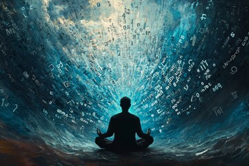 Fototapeta premium Meditative male figure surrounded by symbols in cosmic chaos